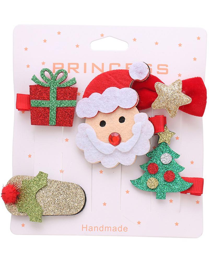 

5pcs Christmas Cartoon Santa Elk Hat Gift Shaped Hair Clips Set, Style4