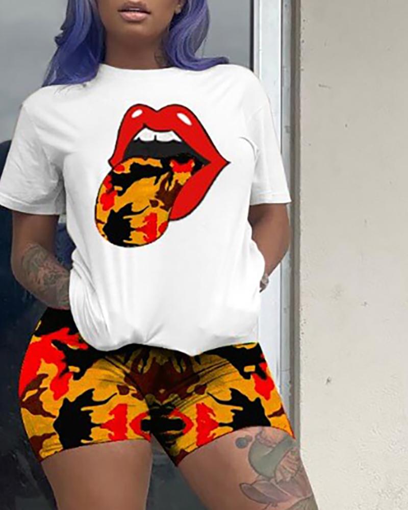 

Lip Print Colorblock Short Sleeve Top & Shorts Set, Orange