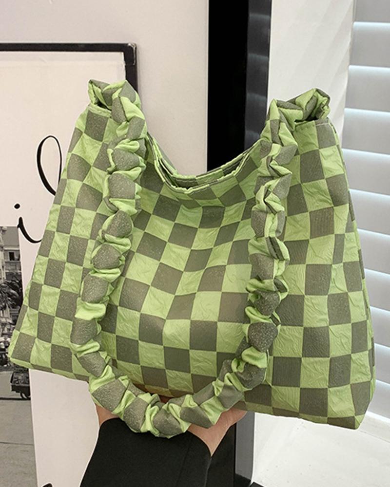 

Plaid Ruched Large Capacity Tote Bag, Green