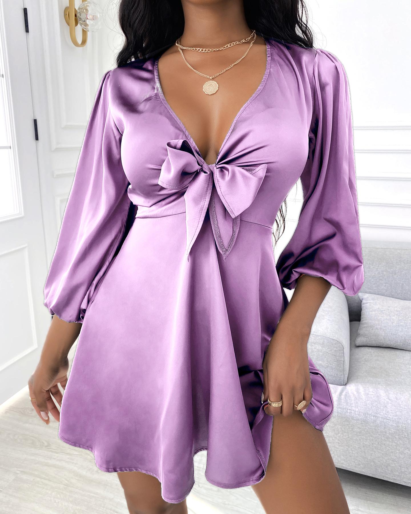 

Satin Puff Sleeve Plunge Tie Front Dress Solid Bow Party Casual Chic Sexy V Neck Dress, Purple