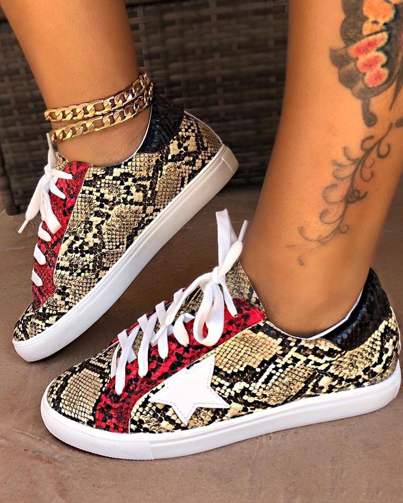 

Snakeskin Star Design Lace-Up Sneakers, Brown