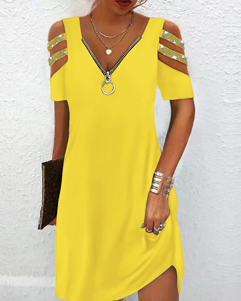 

Zipper Design Rhinestone Cold Shoulder Casual Dress, Yellow