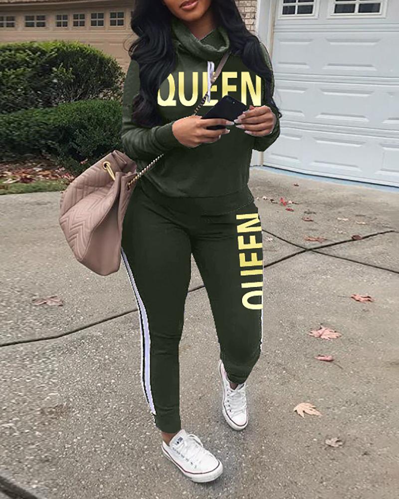 

Letter Print Long Sleeve Top & Striped High Waist Pants Set, Green