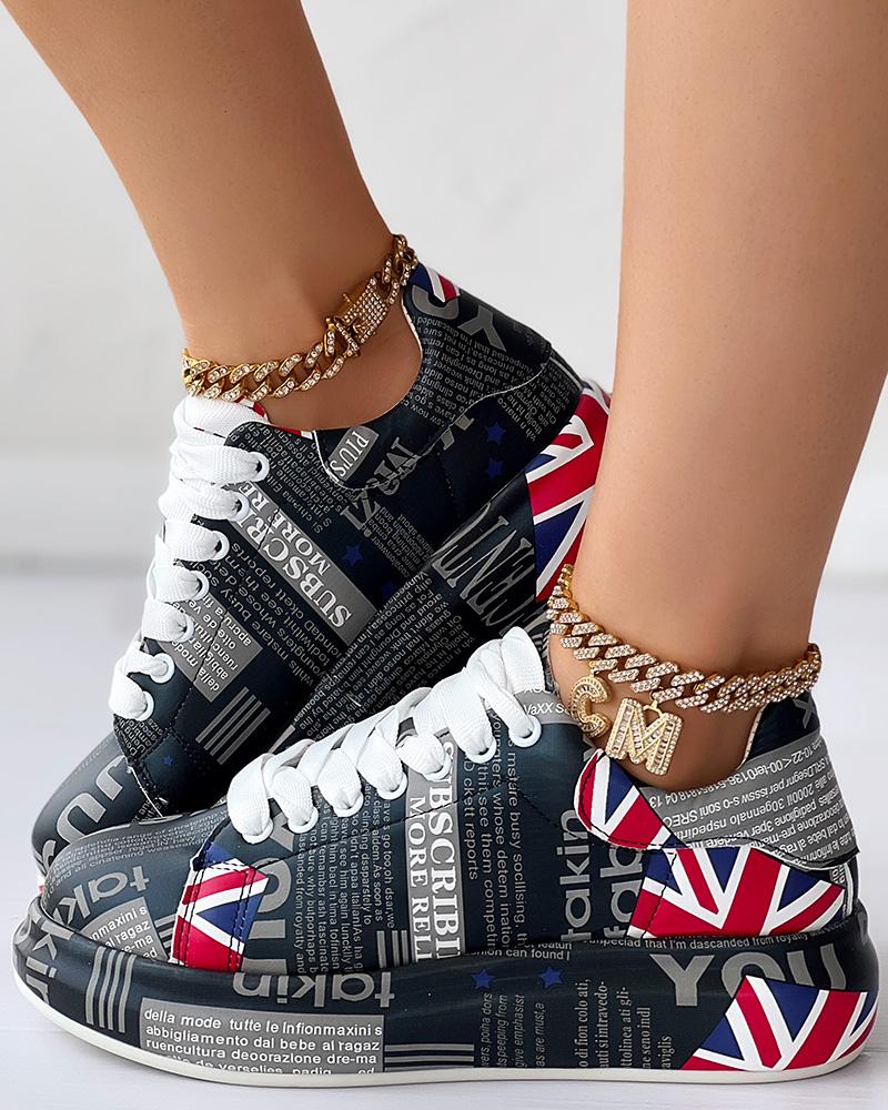 Independence Day Newpaper Flag Print Casual Sneakers