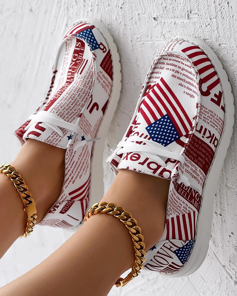 

American Flag Newspaper Print Lace-up Casual Slip-On, Red