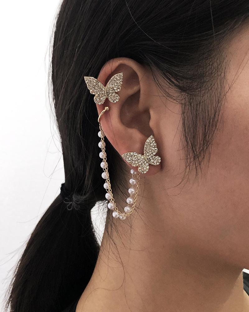 

Pearls Rhinestone Decor Butterfly Pattern Ear Climber, Gold