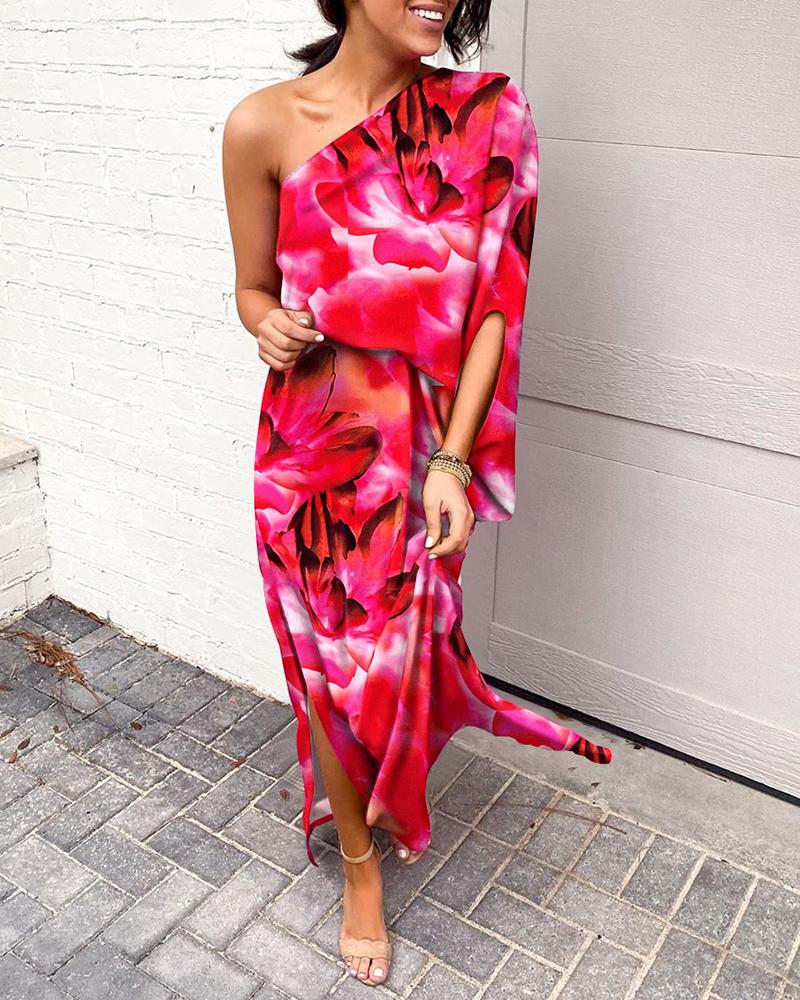 

Floral Print One Shoulder Split Hem Maxi Dress, Red
