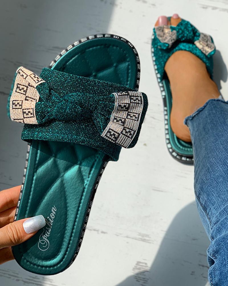 

Glitter Bowknot Decor Colorblock Flat Sliders, Green