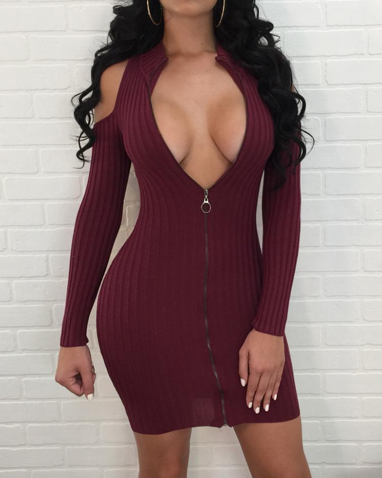 

Sexy Open Shoulder Zipper Up Mini Dress, Wine red