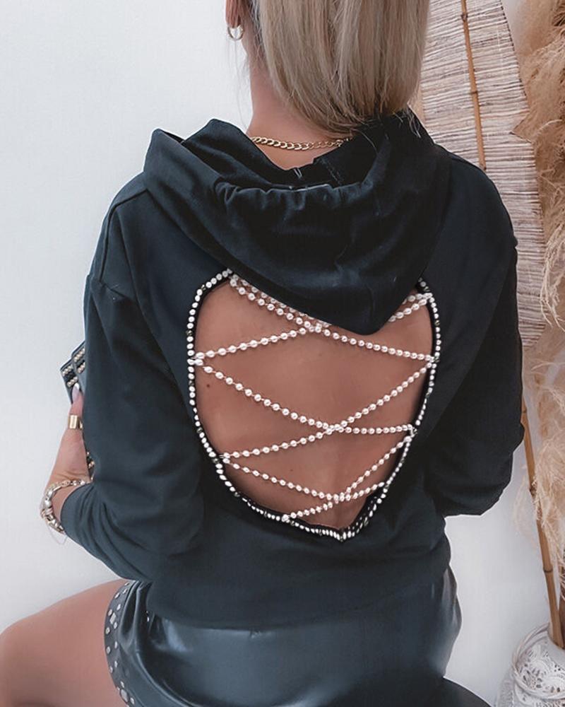 

Beaded Decor Open Back Long Sleeve Hoodie, Black