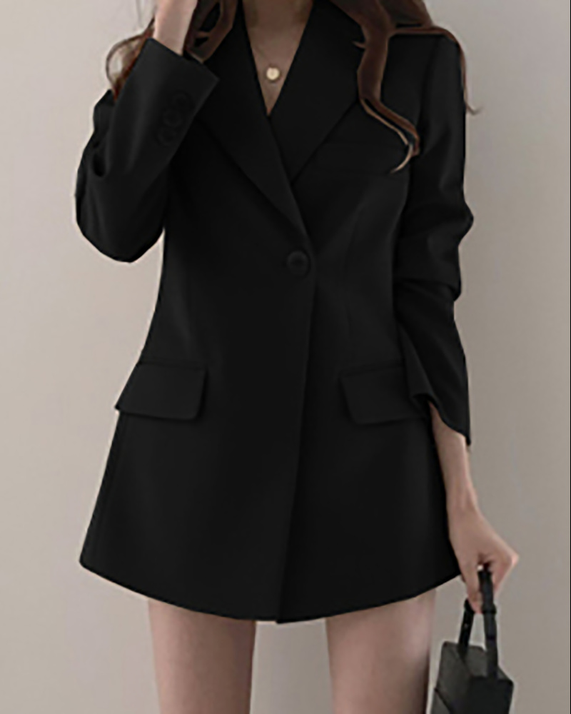 

Button Design Pocket Decor Blazer Coat, Black