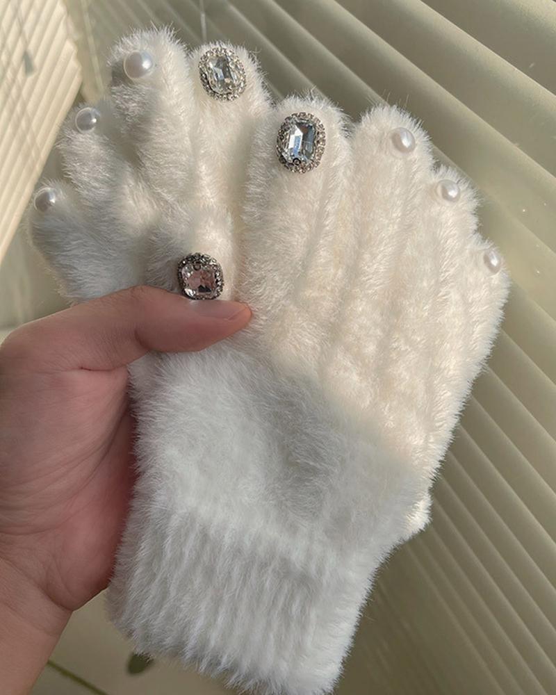 

1Pair Gem Stone Decor Fuzzy Thermal Gloves, White