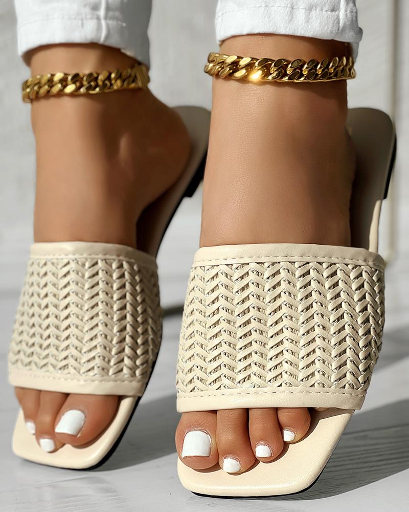 

Wide Strap Braided Slippers, Beige