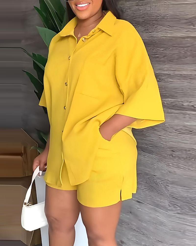 

Casual Button Down Shirt & Shorts Set, Yellow