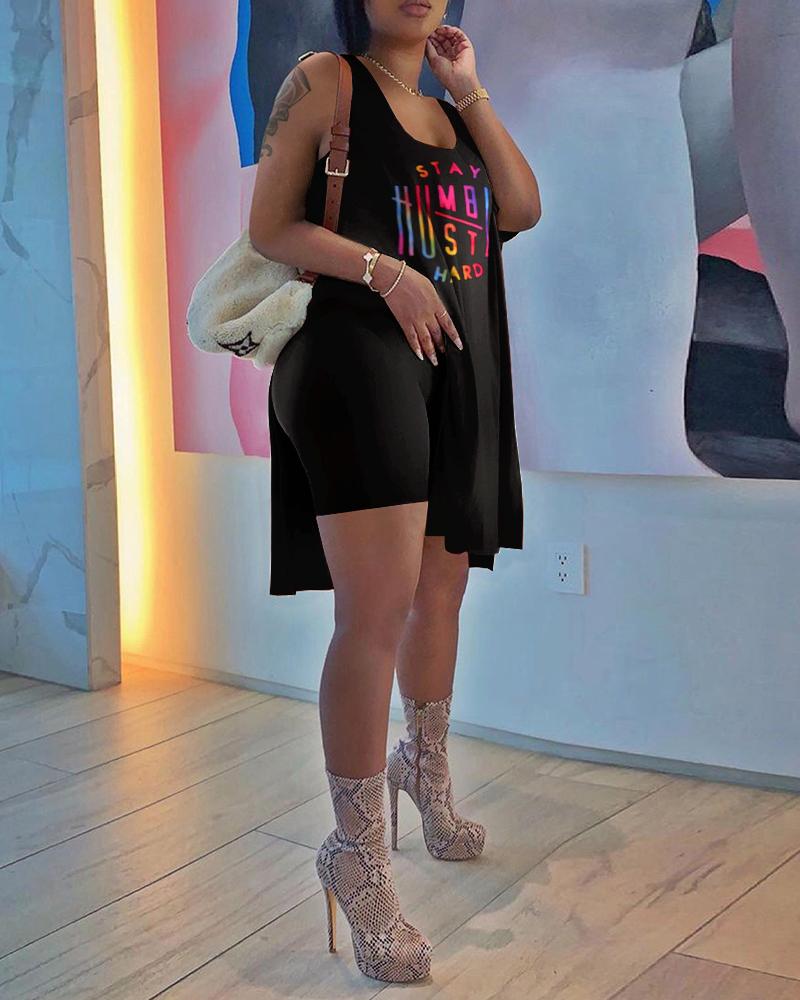 

Letter Print Slit Tank Top & Plain Shorts Set, Black