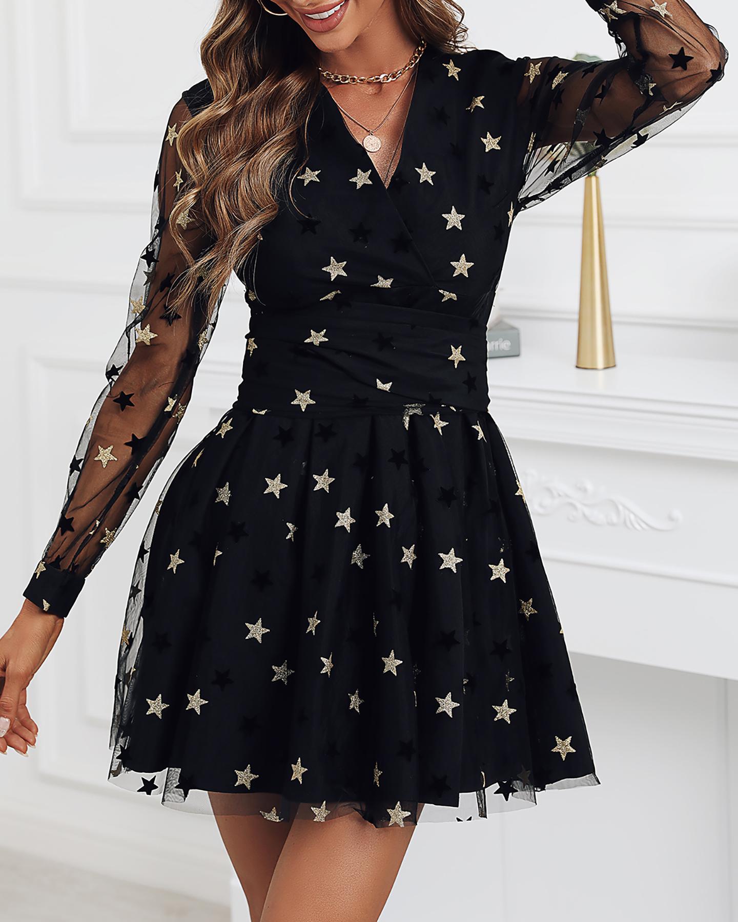 

Star Print Sheer Mesh Long Sleeve Dress, Black