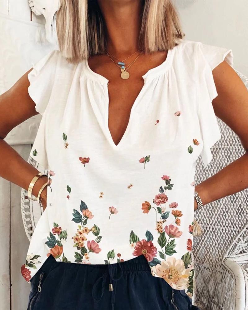 

Floral Print Ruffle Hem Casual Top, White
