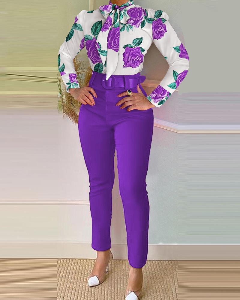 

Floral Print Tie Neck Top & Pants Set With Belt, Purple