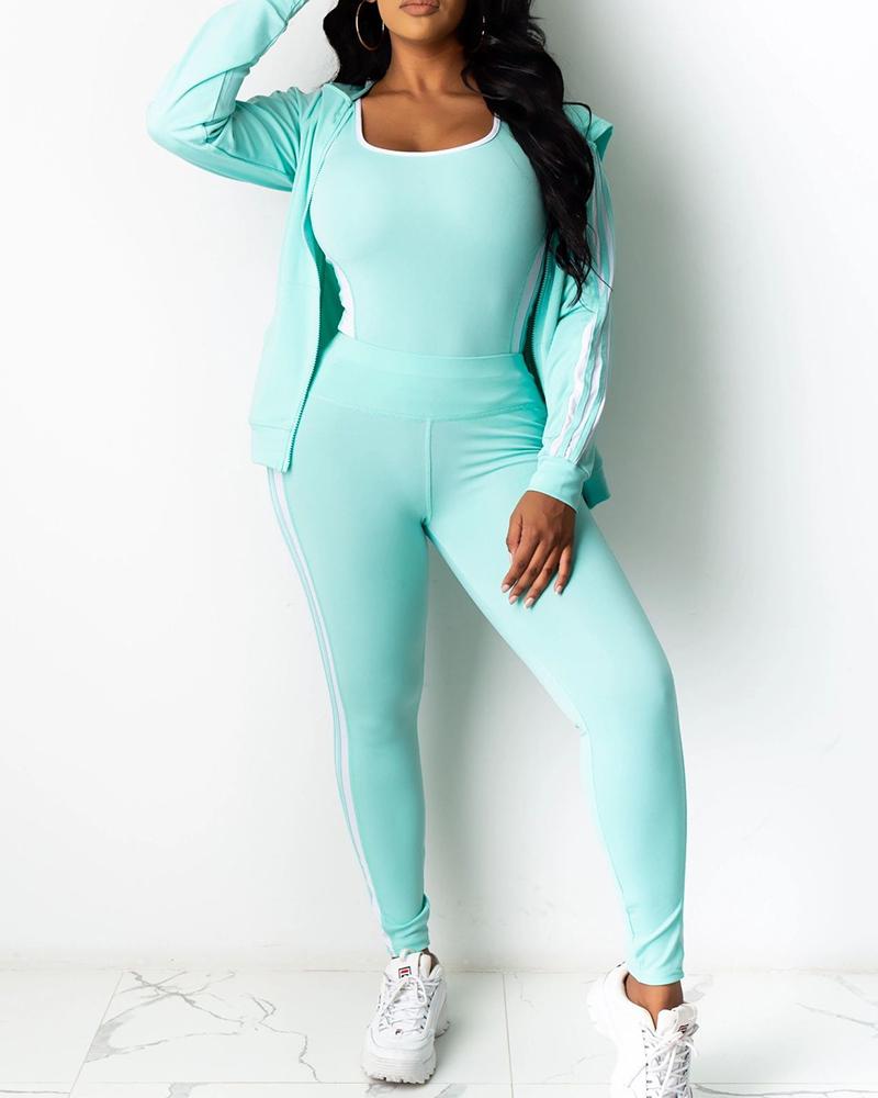 

Solid Sleeveless Tank With Hooded Coats And Skinny Pants Suit Sets, Green