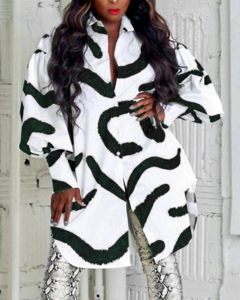 

Plus Size Abstract Print Lantern Sleeve Shirt Dress, Blackwhite