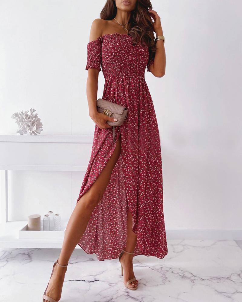 

Floral Print Half Sleeve Shirred Loose Slit Dress, Red