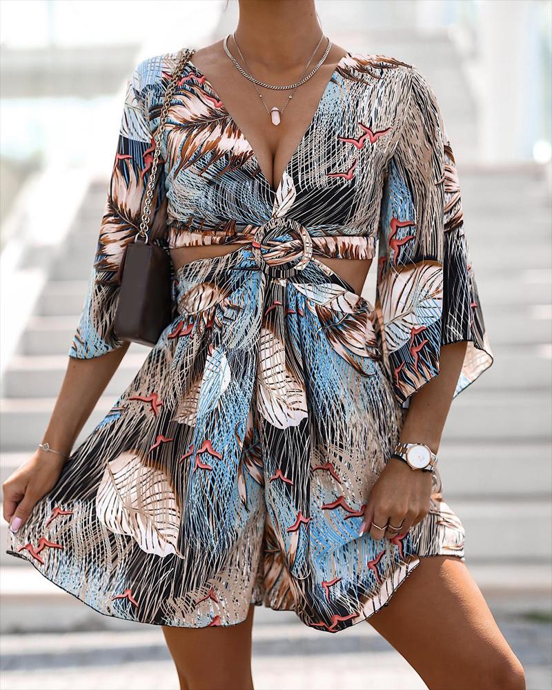 

Tropical Print Bell Sleeve Cutout Romper, Multicolor