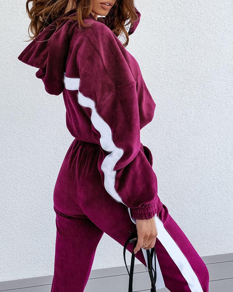 

Striped Print Velvet Hooded Top & Pants Set, Wine red