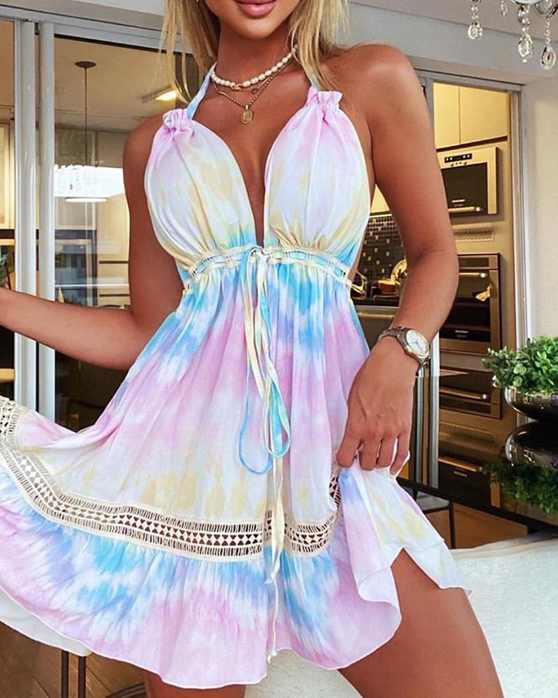 

Tie Dye Print Halter Hollow Out Backless Dress, Multicolor