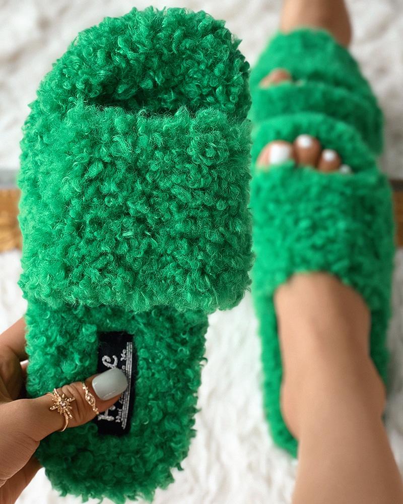 

Fuzzy One Strap Slippers, Green