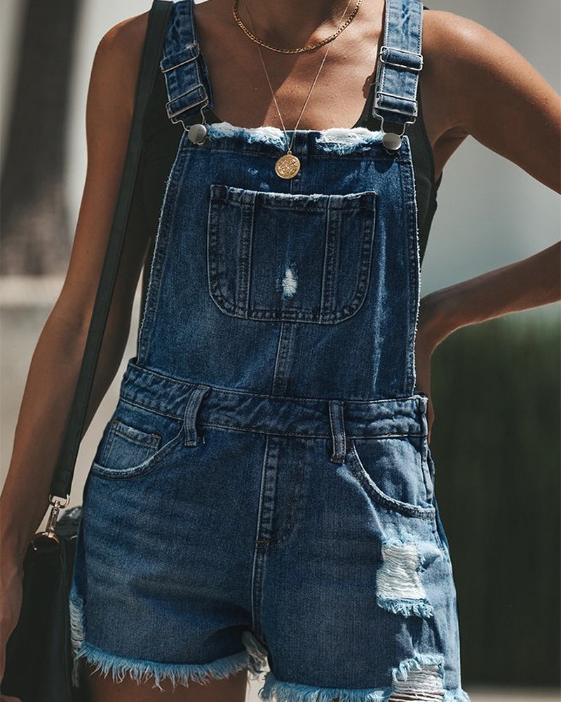 Solid Sleeveless Denim Overall Rompers Online. Discover hottest trend