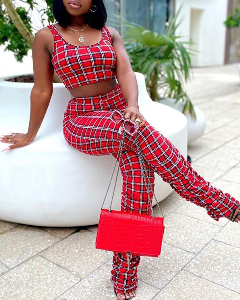 

Plaid Print Crop Tank Top & High Waist Fold Pants Set, Multicolor