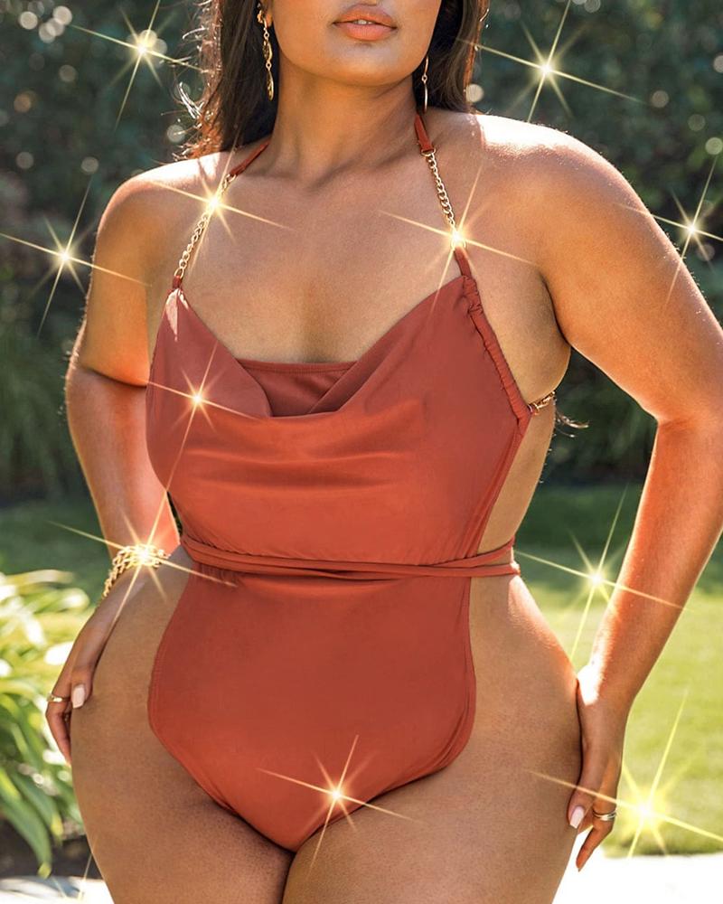

Plus Size Tied Detail Chain Decor One Piece Swimsuit, Brown