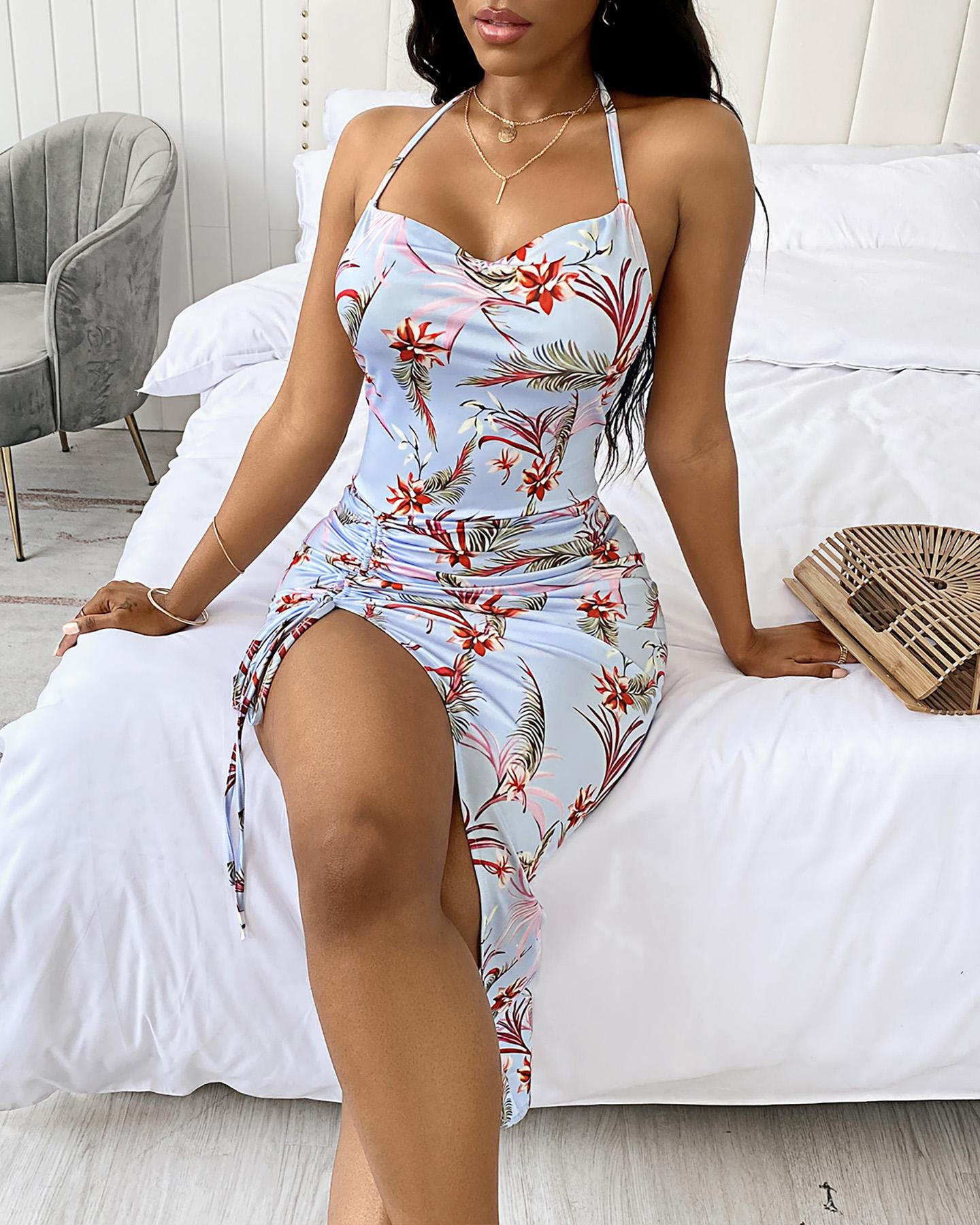 

Tropical Print Ruched Drawstring Slit Dress, Blue