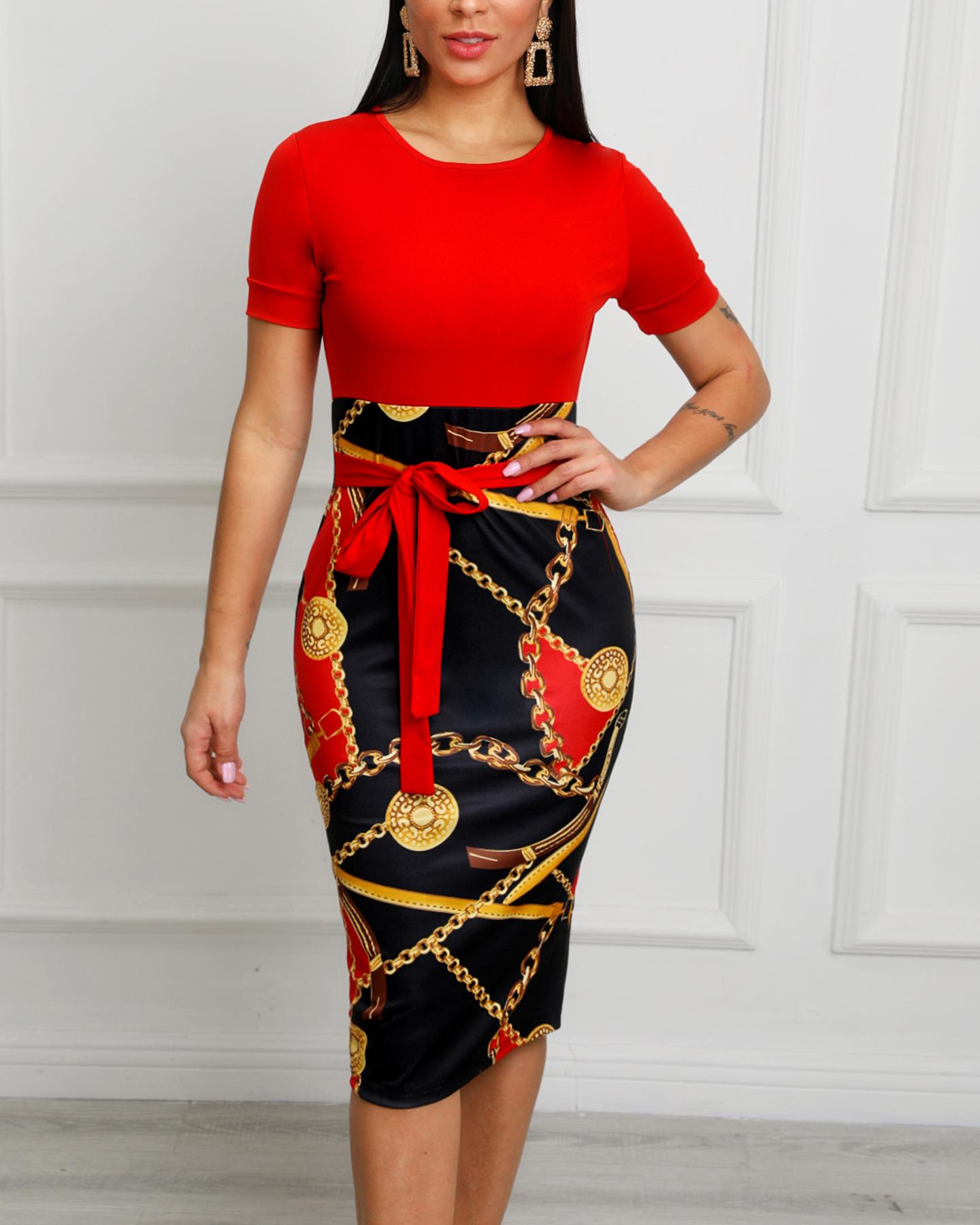 

Chain Print Patchwork Tie Waist Midi Women Dress, Red