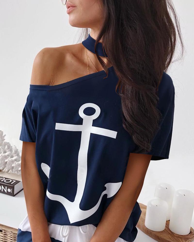 

Choker Cold Shoulder Boat Anchor Print T-Shirt, Dark blue