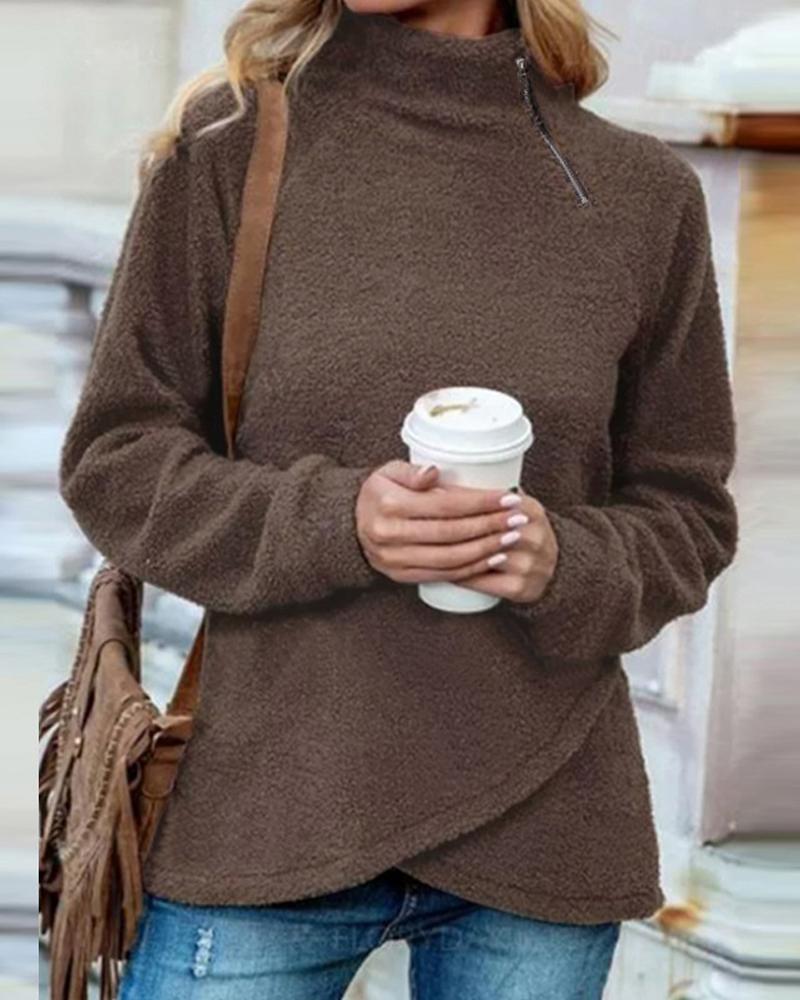 

Long Sleeve Zip Detail Fluffy Top, Coffee