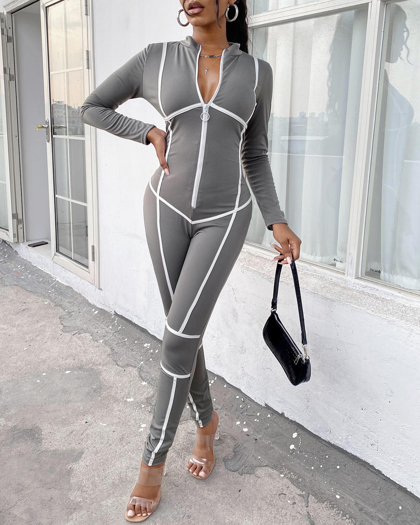 

Colorblock Zipper Design Long Sleeve Jumpsuit, Gray