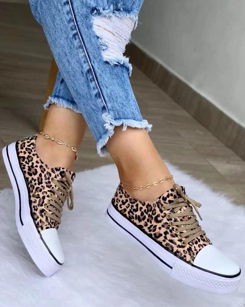 

Lace-up Cheetah Print Canvas Sneakers, Leopard