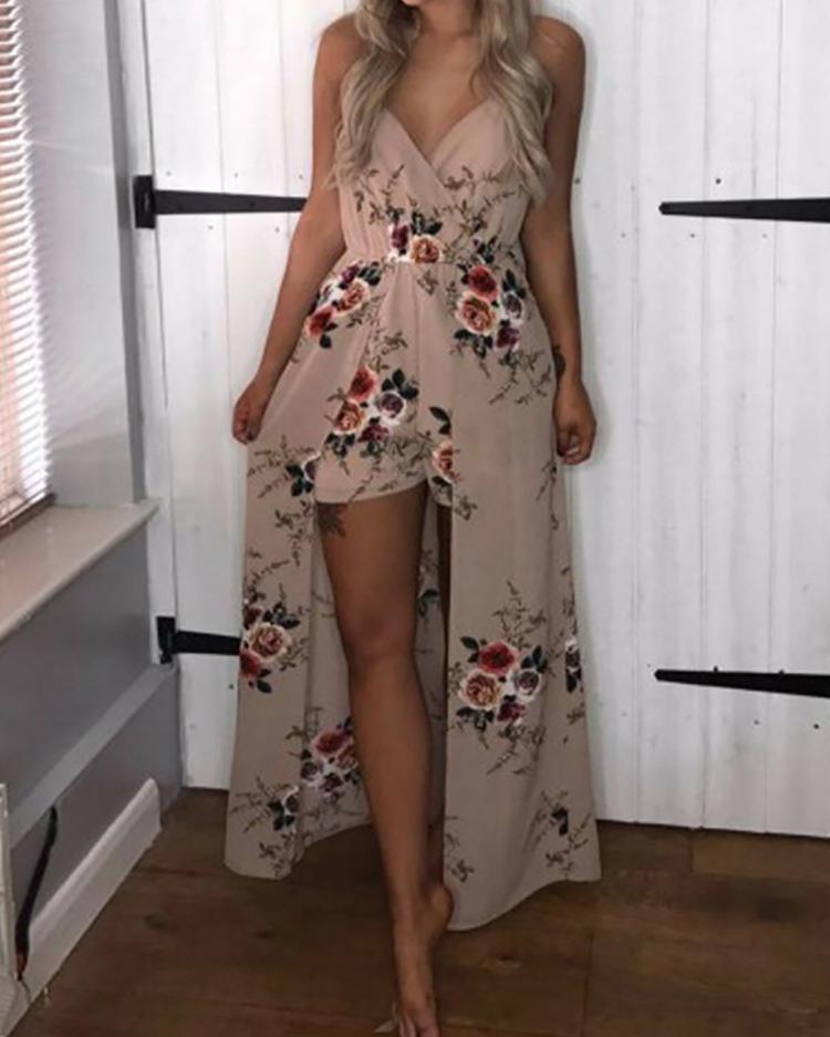 

Ethnic Floral Print Deep V Strappy Maxi Romper Dress, Khaki