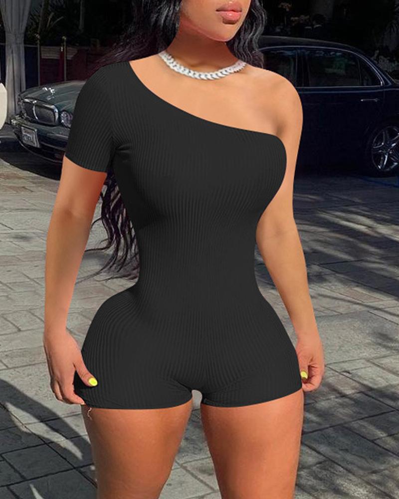 

One Shoulder Ribbed Skinny Romper, Black