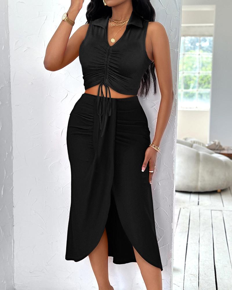 

Drawstring Sleeveless Top & Slit Skirt Set, Black