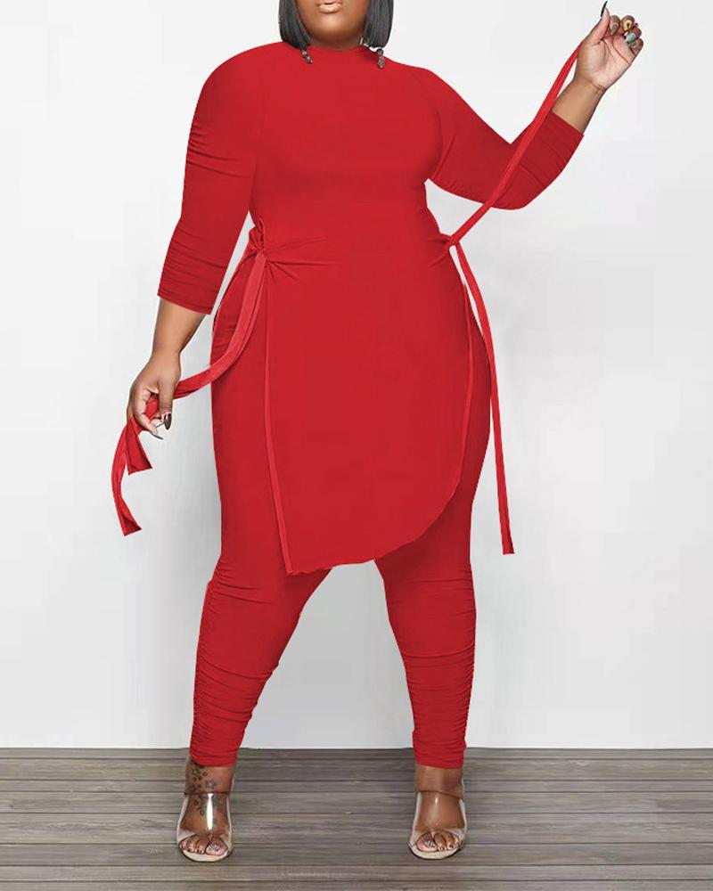 

Plus Size Side Slit Asymmetrical Hem Top & Pants Set, Red