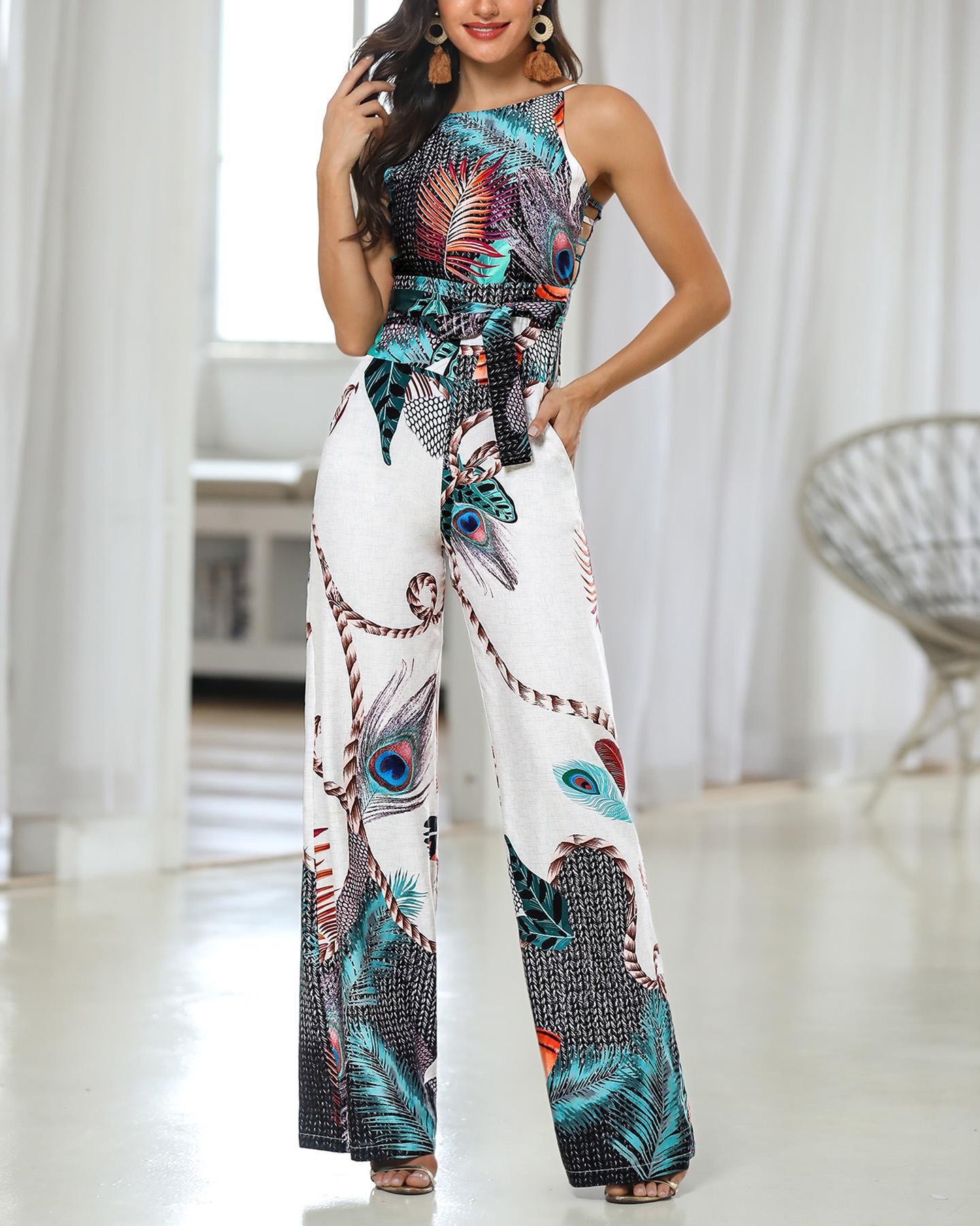 

Spaghetti Strap Peacock Print Jumpsuit, Multicolor