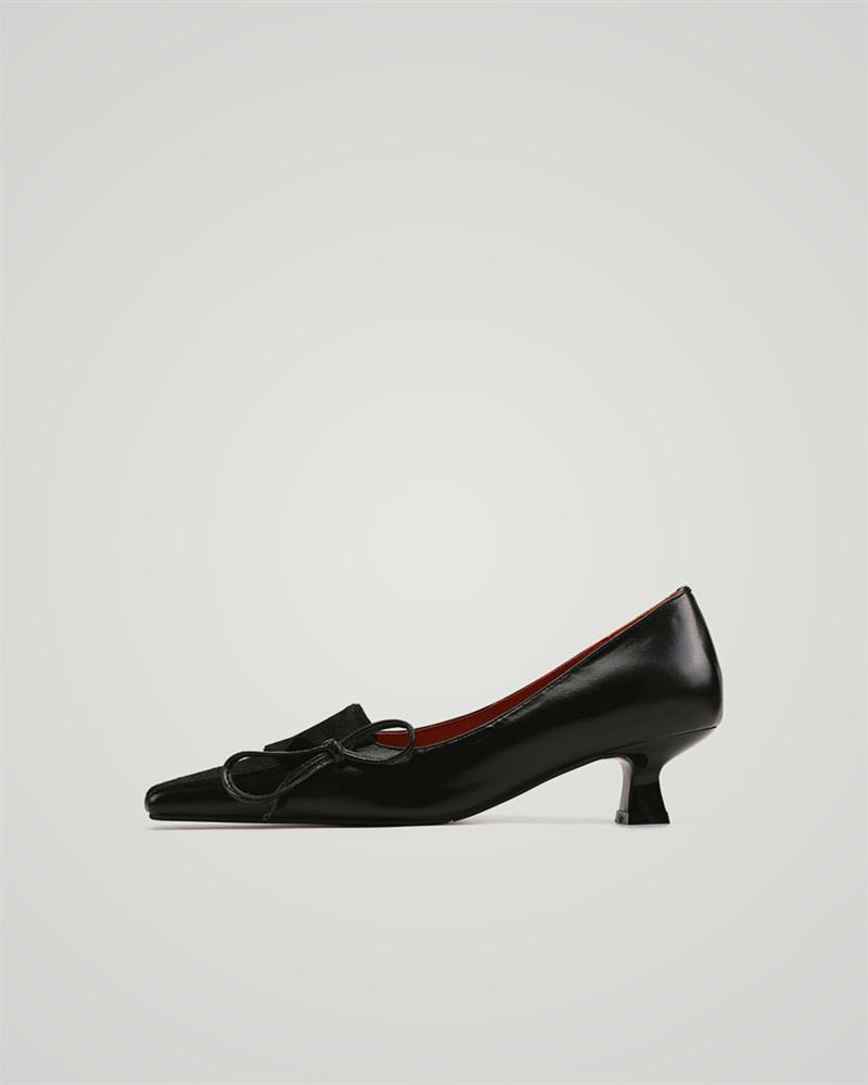 

Solid Pointed-toe Bowknot Low Cut Low Heel Sandals, Black