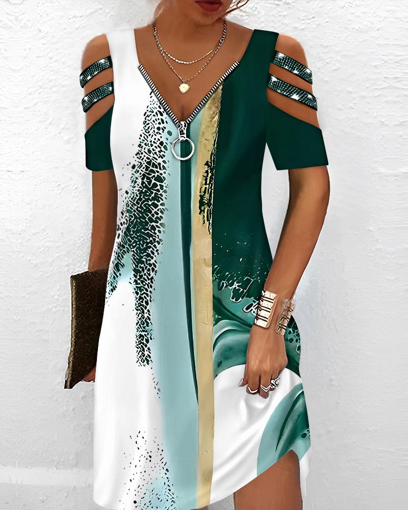 

Tie Dye Print Rhinestone Cold Shoulder Casual Dress, Green
