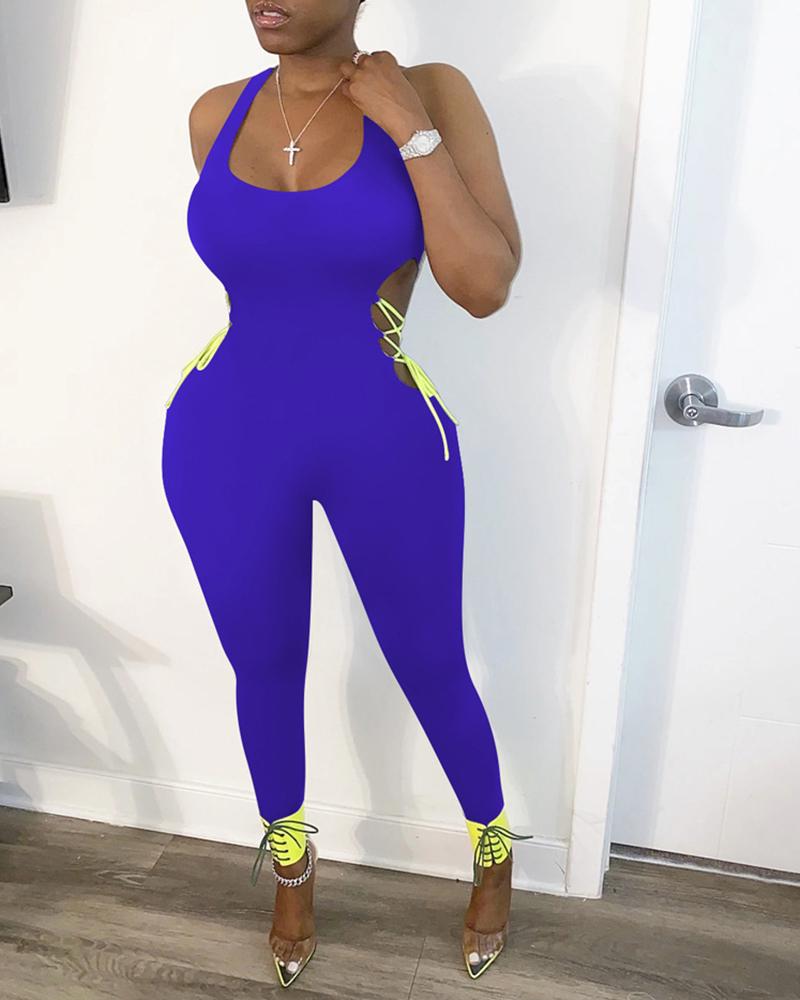 

Cut Out Bandage Backless Jumpsuit, Dark blue