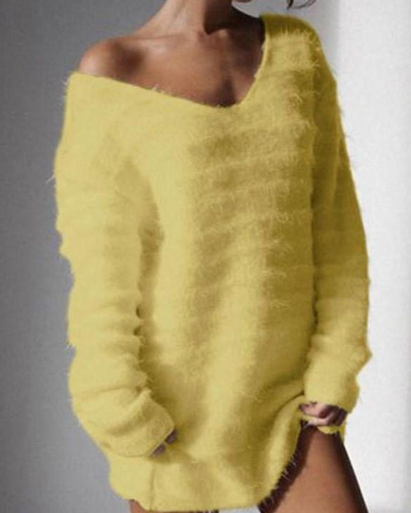 

Solid Long Sleeve V Neck Fluffy Sweater, Yellow