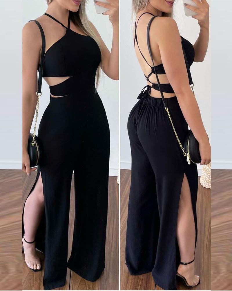 

Criss Cross Backless Split Hem Jumpsuit, Black