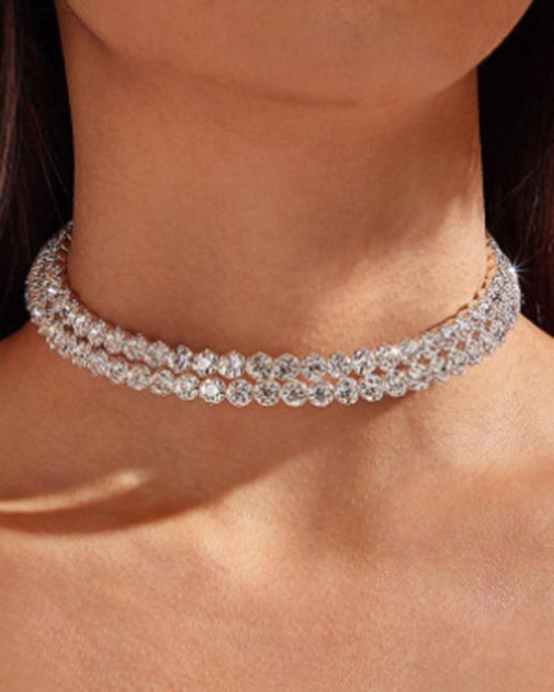 

1pc Layered Geometric Rhinestone Fashionable Wedding Bridal Party Choker, Silver