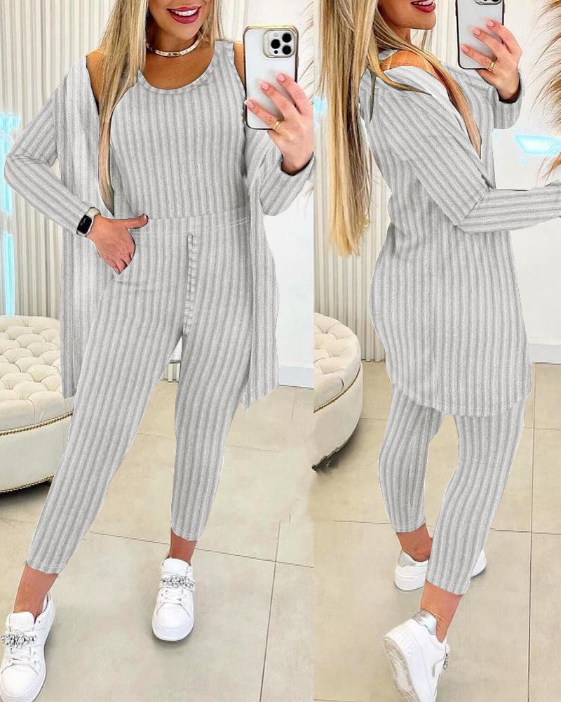 

3PCS Round Neck Ribbed Tank Top & Drawstring Pants Set With Coat, Gray